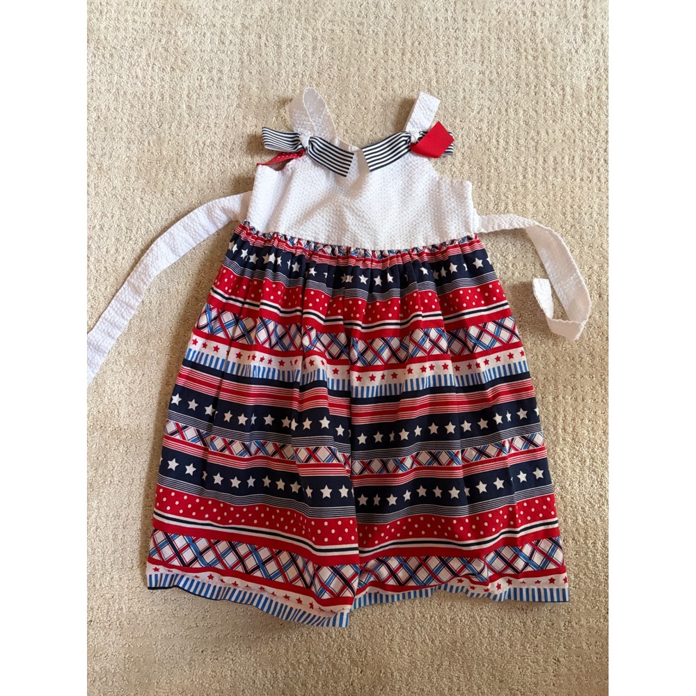 Bonnie Jean Girls 6 Patriotic Seersucker Dress Red White Blue Stars Stripes Bows